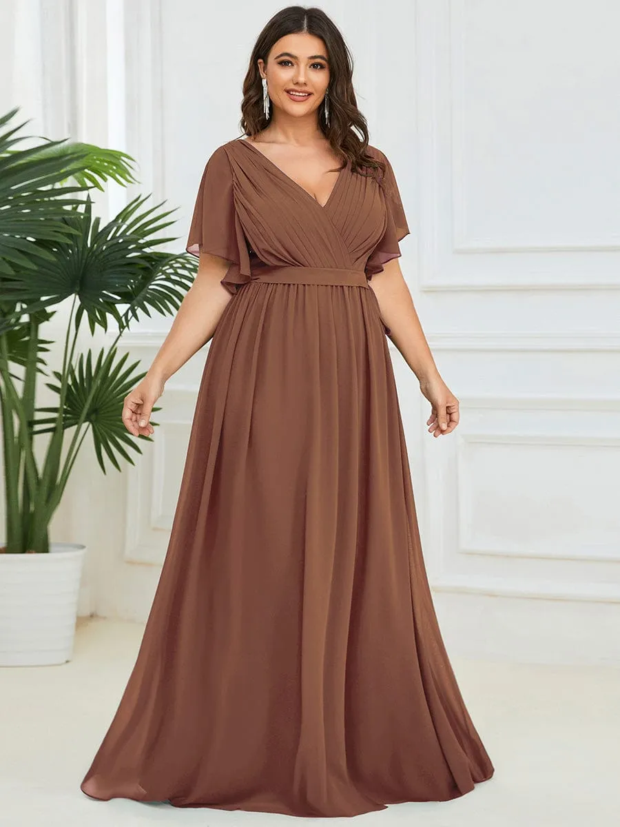 Custom Size V-Neck Flutter Sleeve Floor-Length A-Line Chiffon Evening Dress