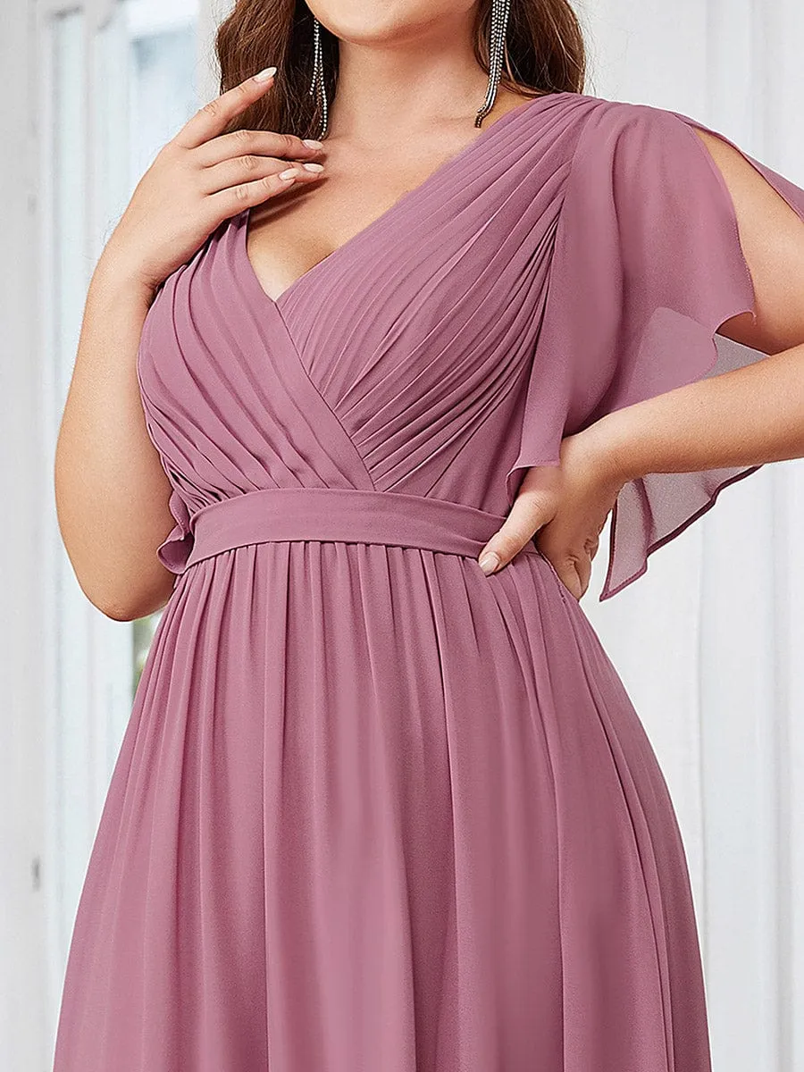 Custom Size V-Neck Flutter Sleeve Floor-Length A-Line Chiffon Evening Dress