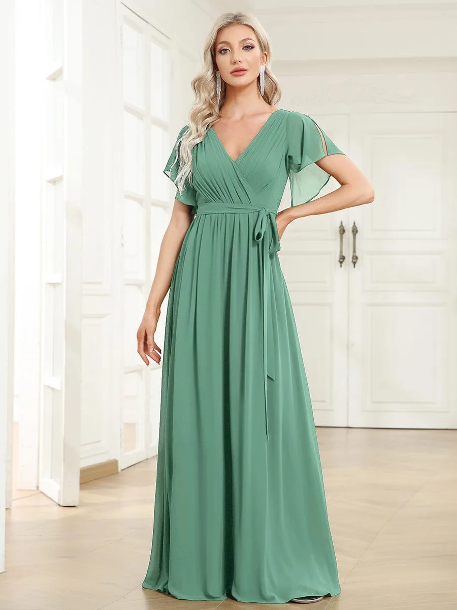 Custom Size V-Neck Flutter Sleeve Floor-Length A-Line Chiffon Evening Dress