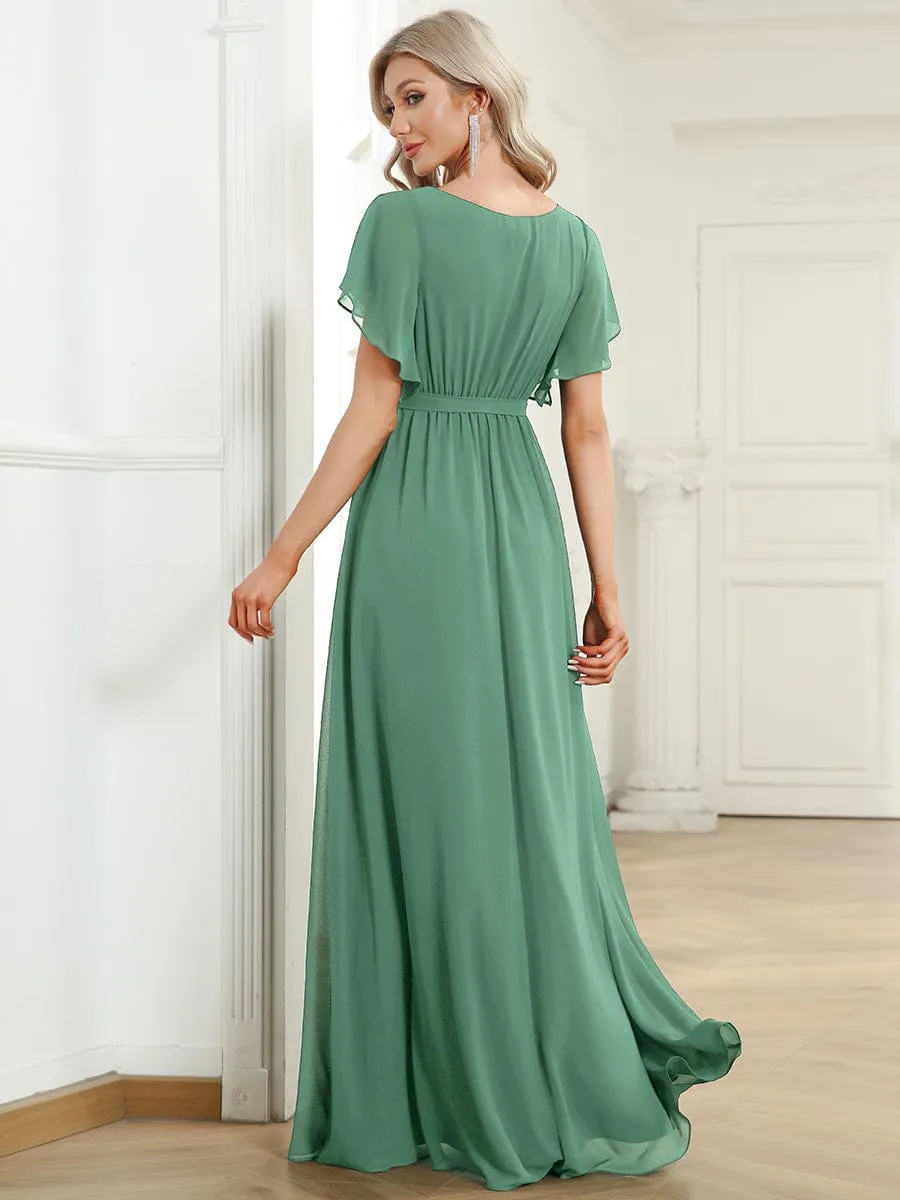 Custom Size V-Neck Flutter Sleeve Floor-Length A-Line Chiffon Evening Dress