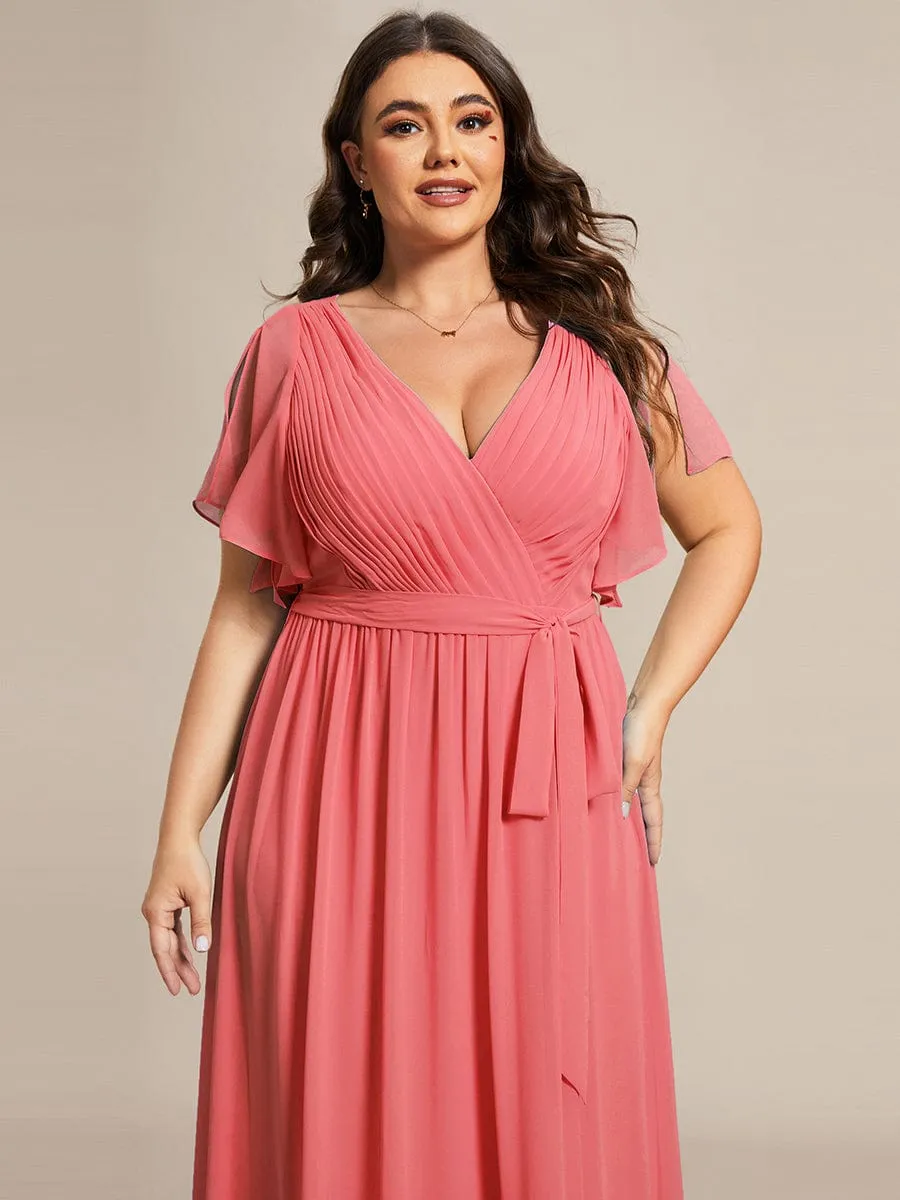 Custom Size V-Neck Flutter Sleeve Floor-Length A-Line Chiffon Evening Dress