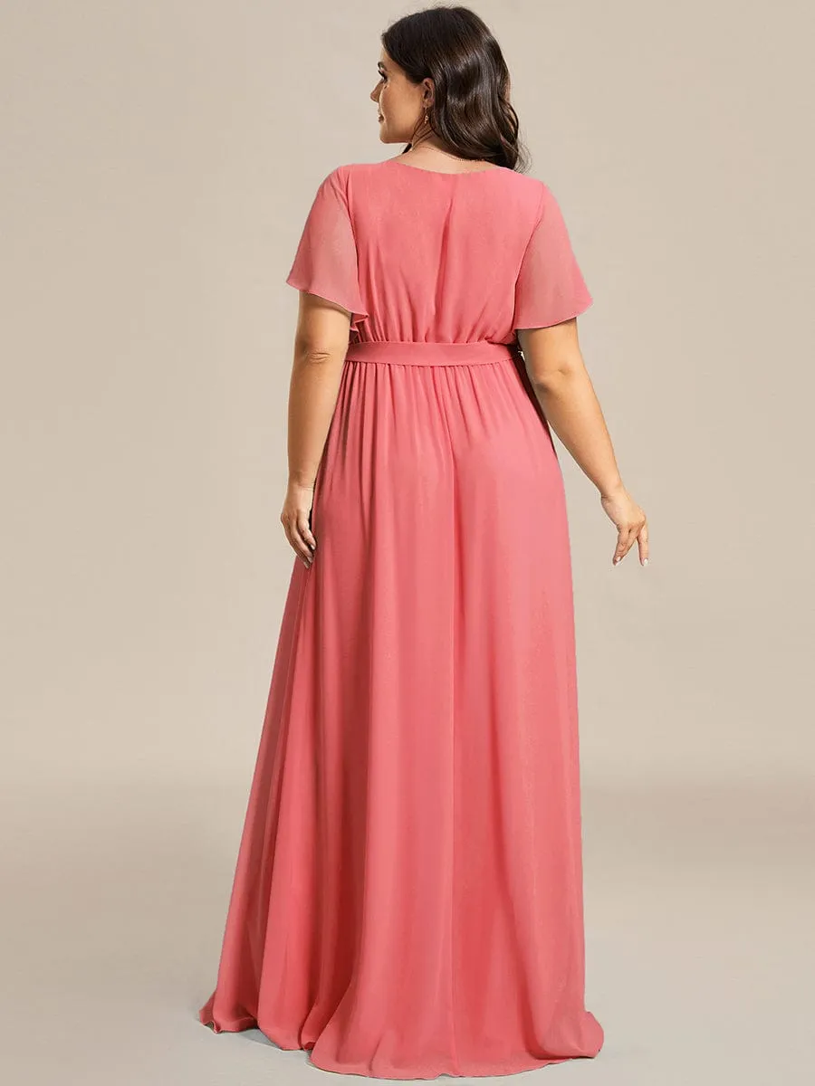 Custom Size V-Neck Flutter Sleeve Floor-Length A-Line Chiffon Evening Dress
