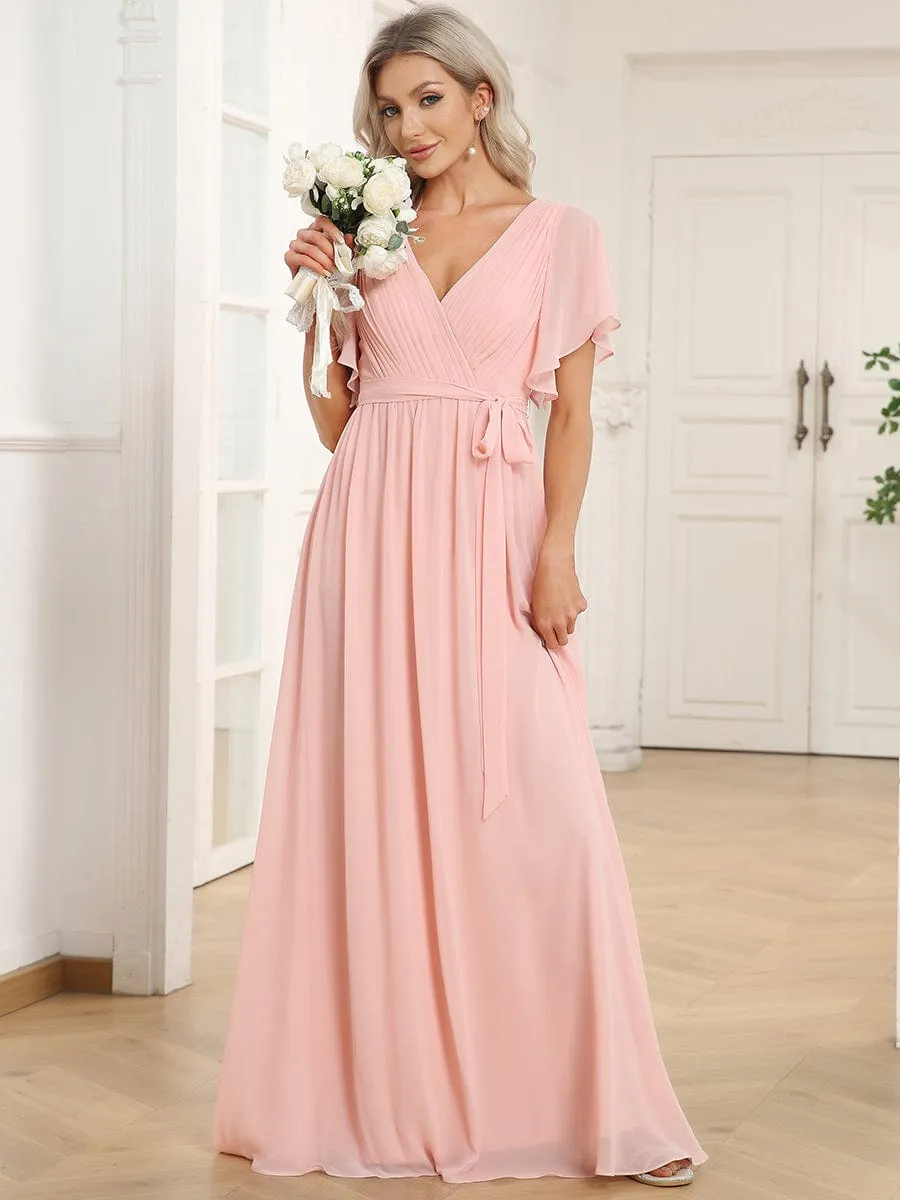 Custom Size V-Neck Flutter Sleeve Floor-Length A-Line Chiffon Evening Dress