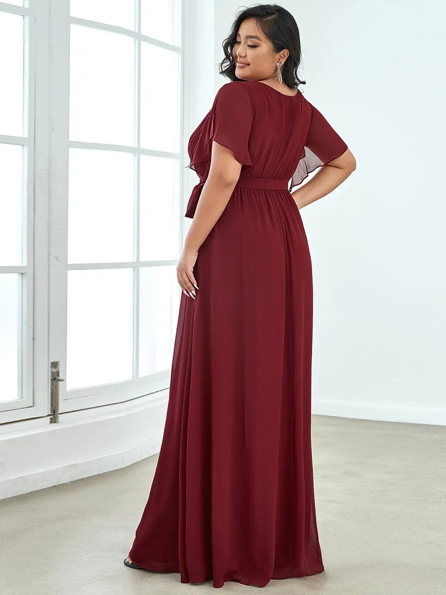 Custom Size V-Neck Flutter Sleeve Floor-Length A-Line Chiffon Evening Dress