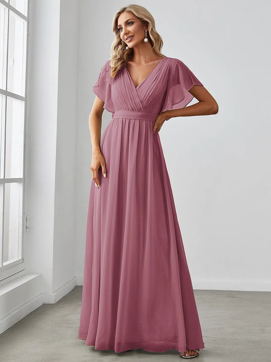 Custom Size V-Neck Flutter Sleeve Floor-Length A-Line Chiffon Evening Dress