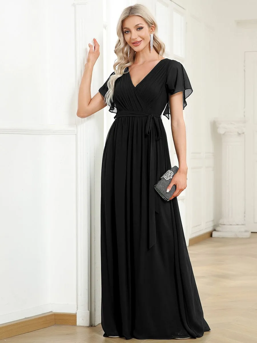 Custom Size V-Neck Flutter Sleeve Floor-Length A-Line Chiffon Evening Dress