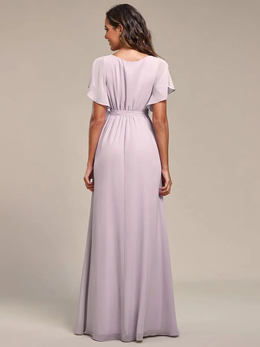 Custom Size V-Neck Flutter Sleeve Floor-Length A-Line Chiffon Evening Dress