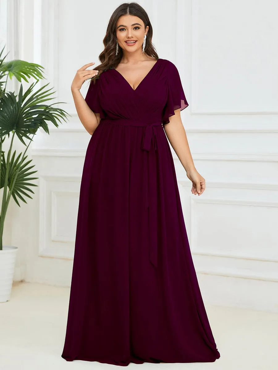 Custom Size V-Neck Flutter Sleeve Floor-Length A-Line Chiffon Evening Dress
