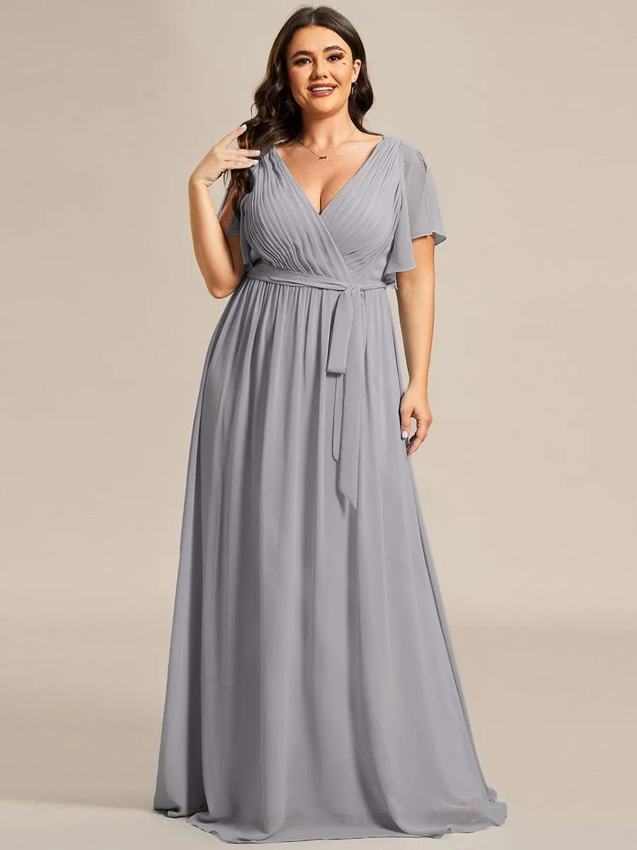 Custom Size V-Neck Flutter Sleeve Floor-Length A-Line Chiffon Evening Dress