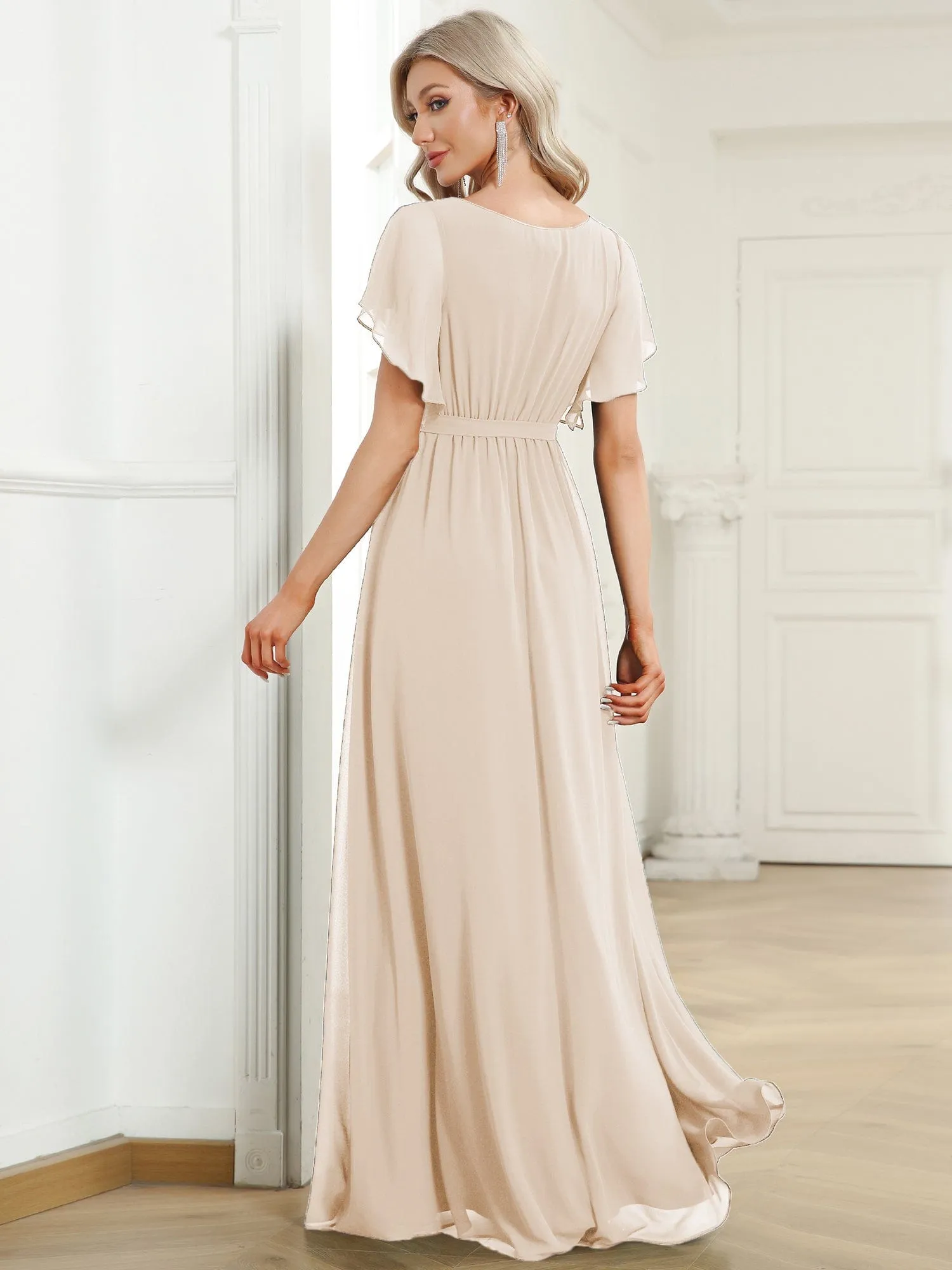 Custom Size V-Neck Flutter Sleeve Floor-Length A-Line Chiffon Evening Dress