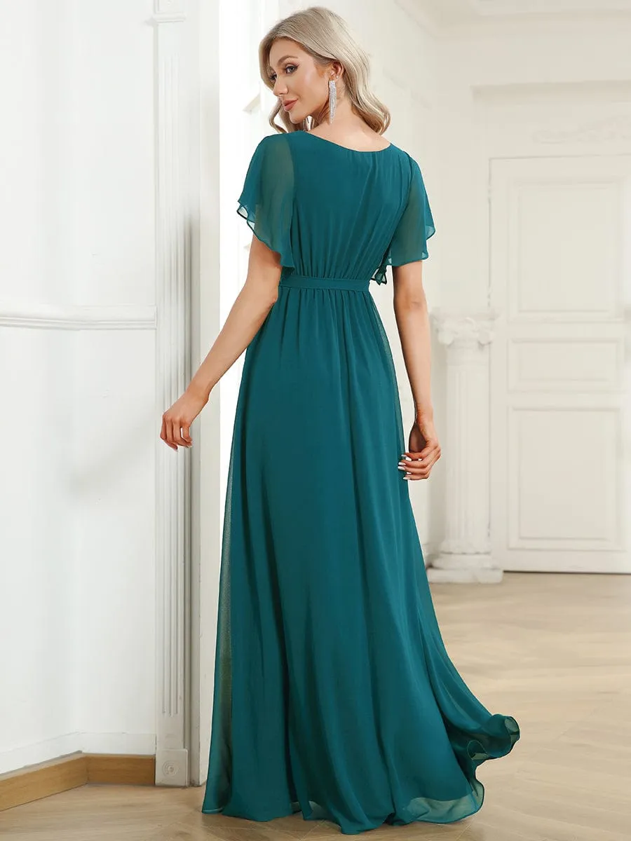 Custom Size V-Neck Flutter Sleeve Floor-Length A-Line Chiffon Evening Dress