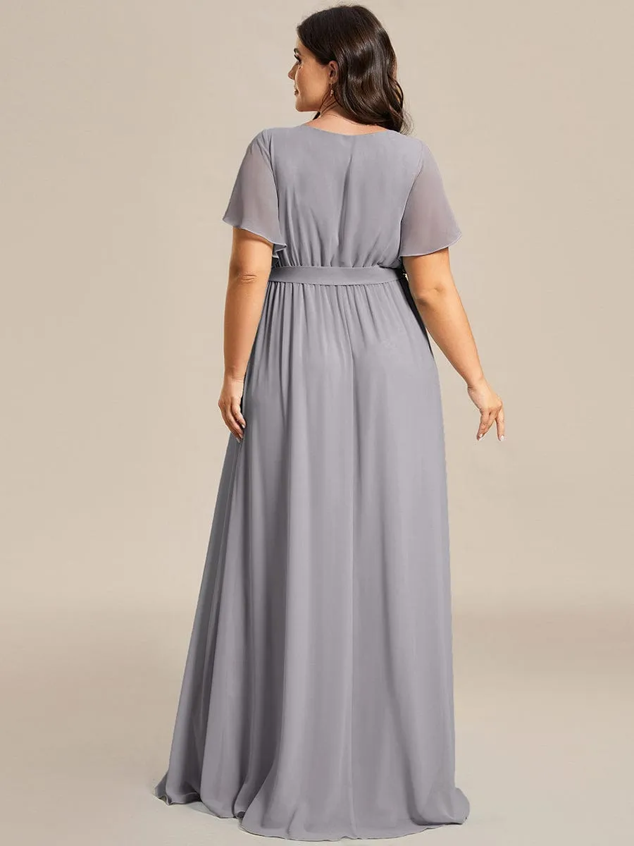 Custom Size V-Neck Flutter Sleeve Floor-Length A-Line Chiffon Evening Dress