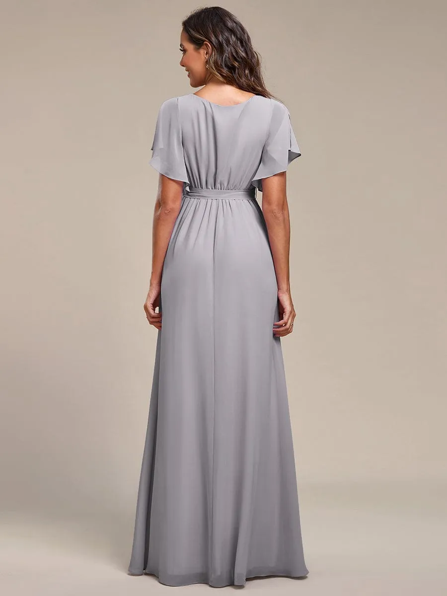 Custom Size V-Neck Flutter Sleeve Floor-Length A-Line Chiffon Evening Dress