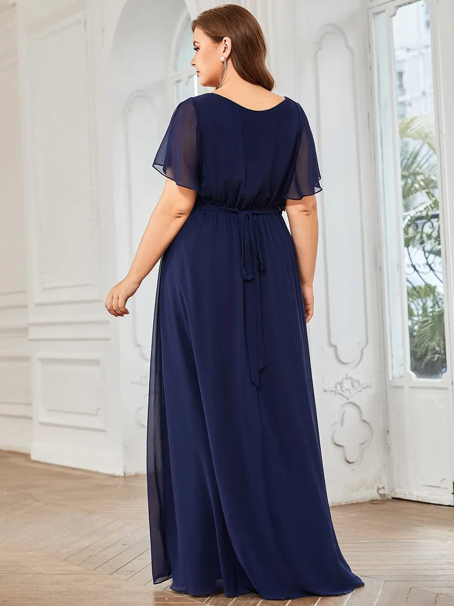 Custom Size V-Neck Flutter Sleeve Floor-Length A-Line Chiffon Evening Dress