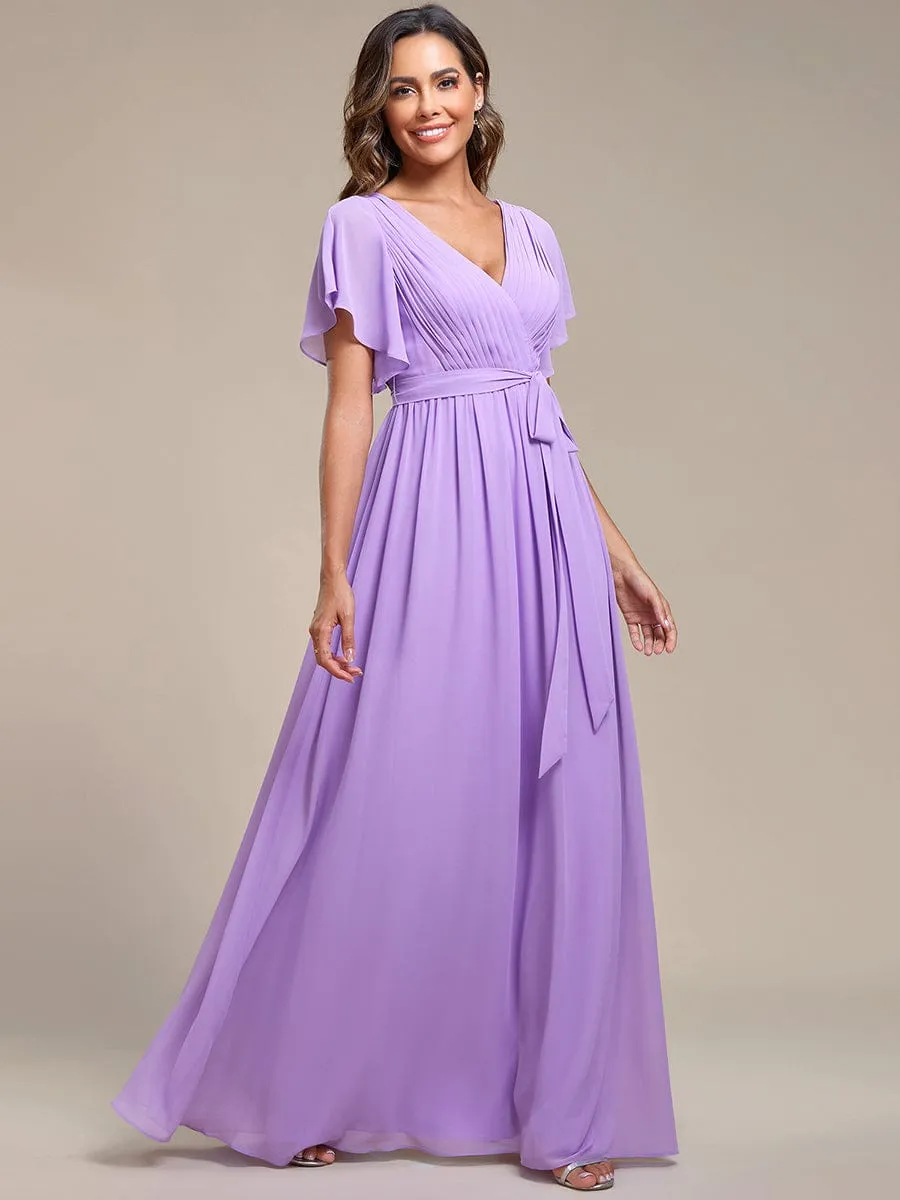 Custom Size V-Neck Flutter Sleeve Floor-Length A-Line Chiffon Evening Dress