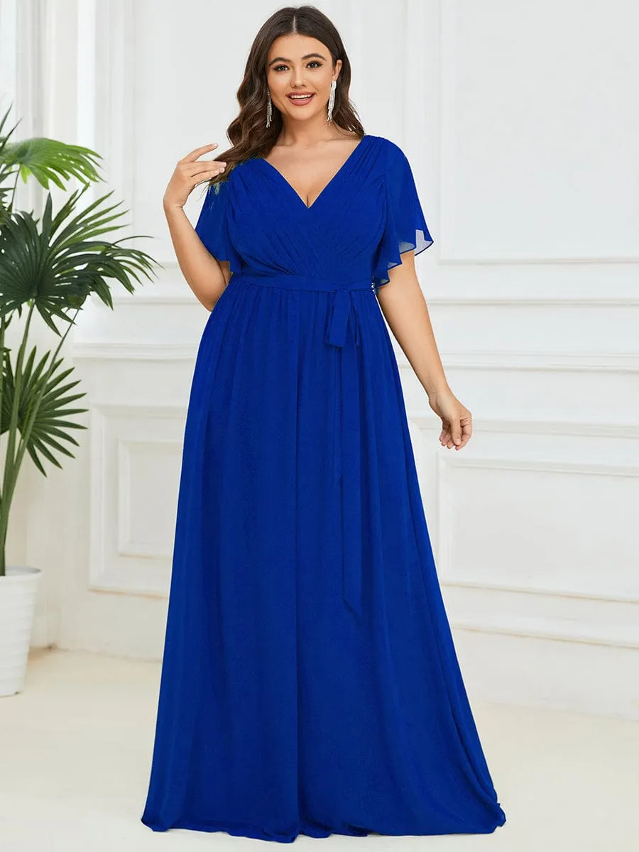 Custom Size V-Neck Flutter Sleeve Floor-Length A-Line Chiffon Evening Dress
