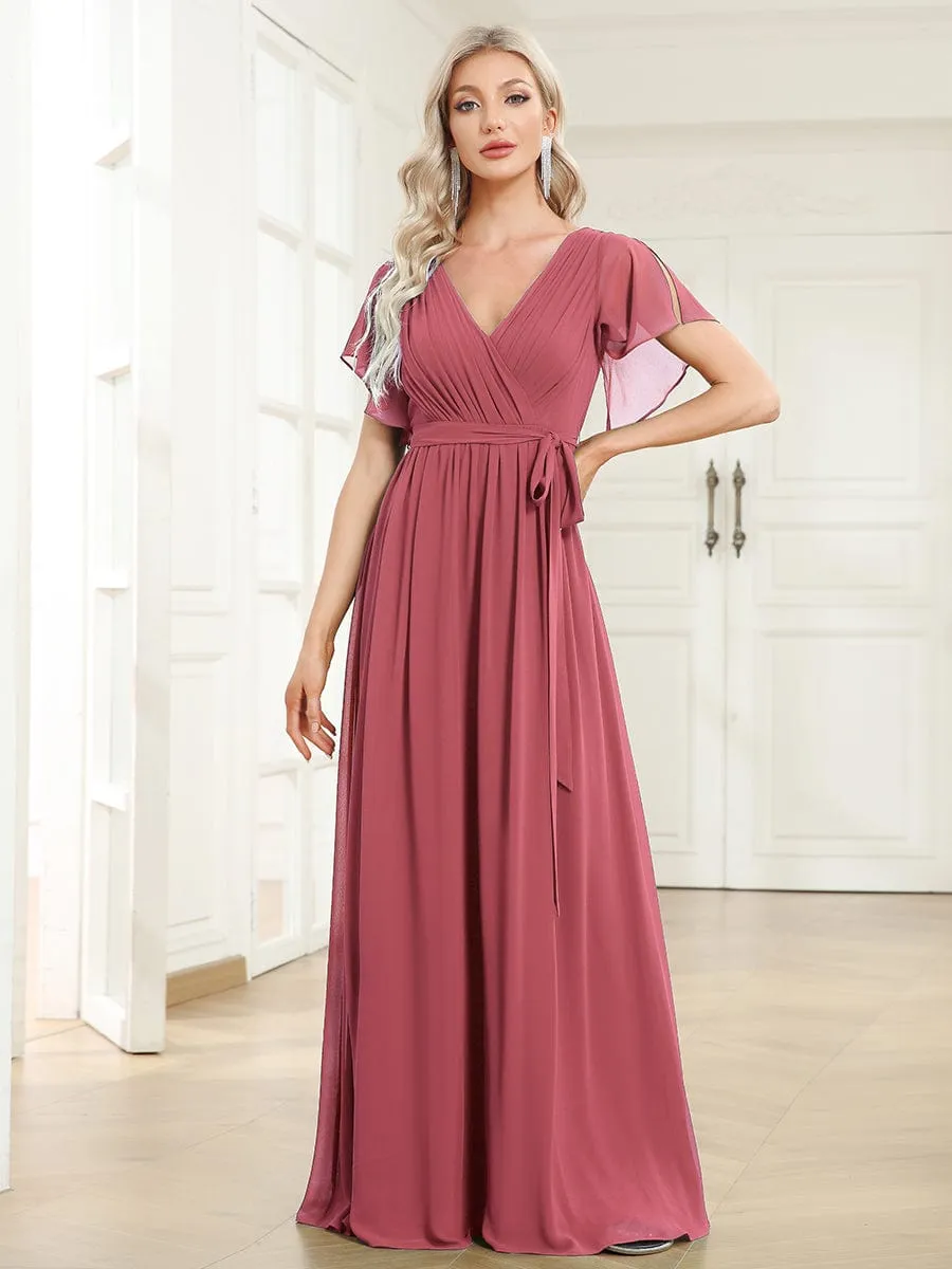 Custom Size V-Neck Flutter Sleeve Floor-Length A-Line Chiffon Evening Dress