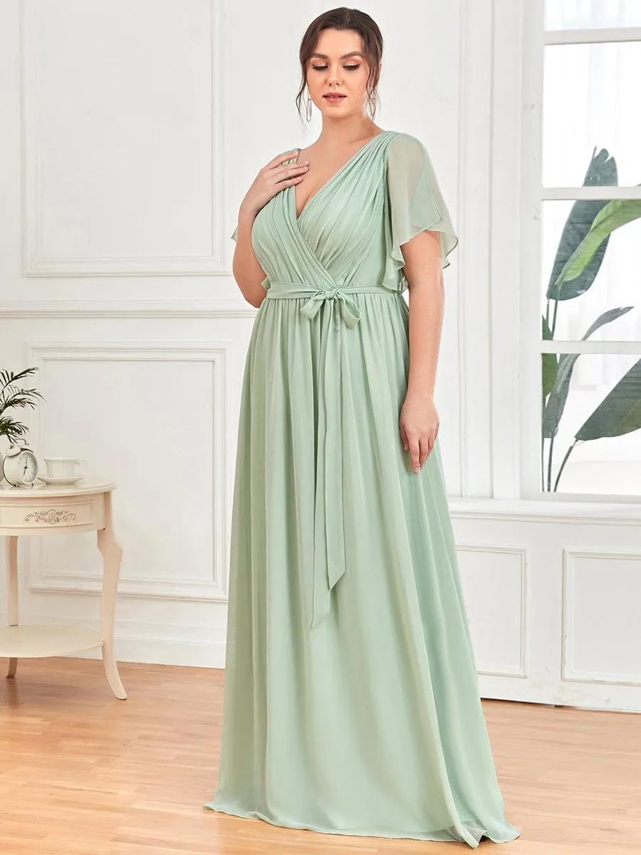 Custom Size V-Neck Flutter Sleeve Floor-Length A-Line Chiffon Evening Dress