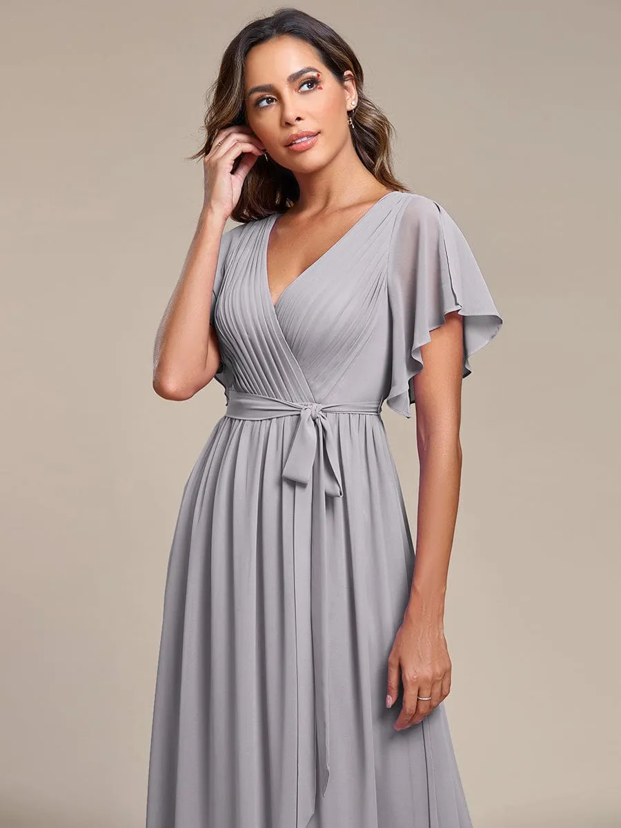 Custom Size V-Neck Flutter Sleeve Floor-Length A-Line Chiffon Evening Dress