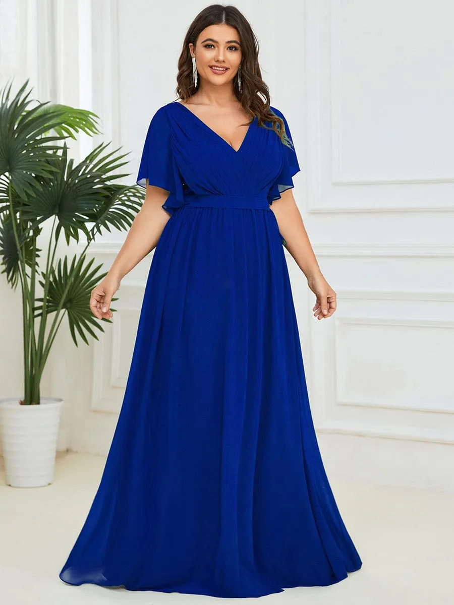 Custom Size V-Neck Flutter Sleeve Floor-Length A-Line Chiffon Evening Dress