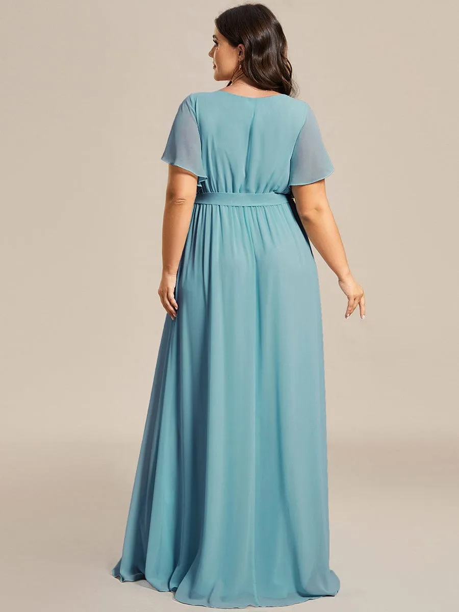 Custom Size V-Neck Flutter Sleeve Floor-Length A-Line Chiffon Evening Dress