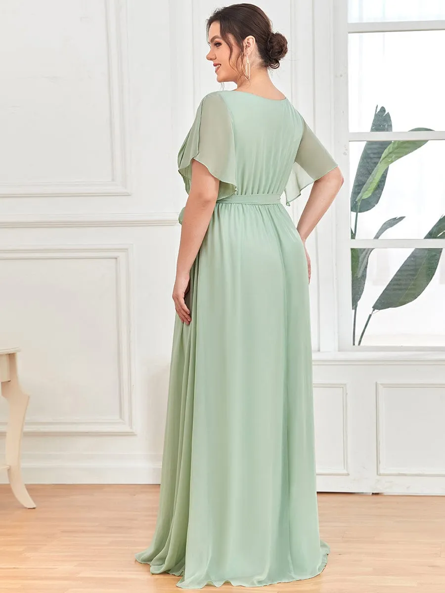 Custom Size V-Neck Flutter Sleeve Floor-Length A-Line Chiffon Evening Dress