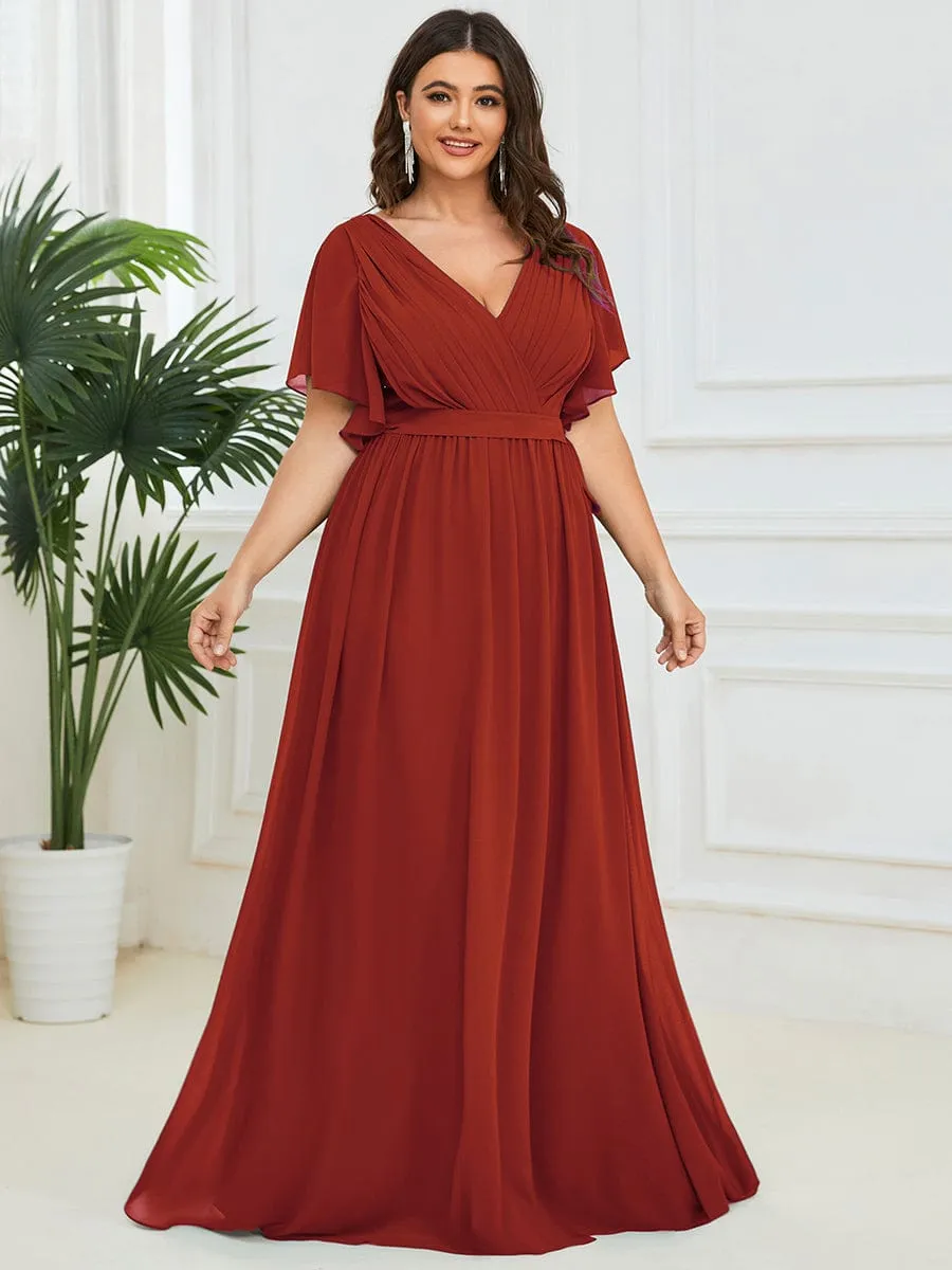 Custom Size V-Neck Flutter Sleeve Floor-Length A-Line Chiffon Evening Dress