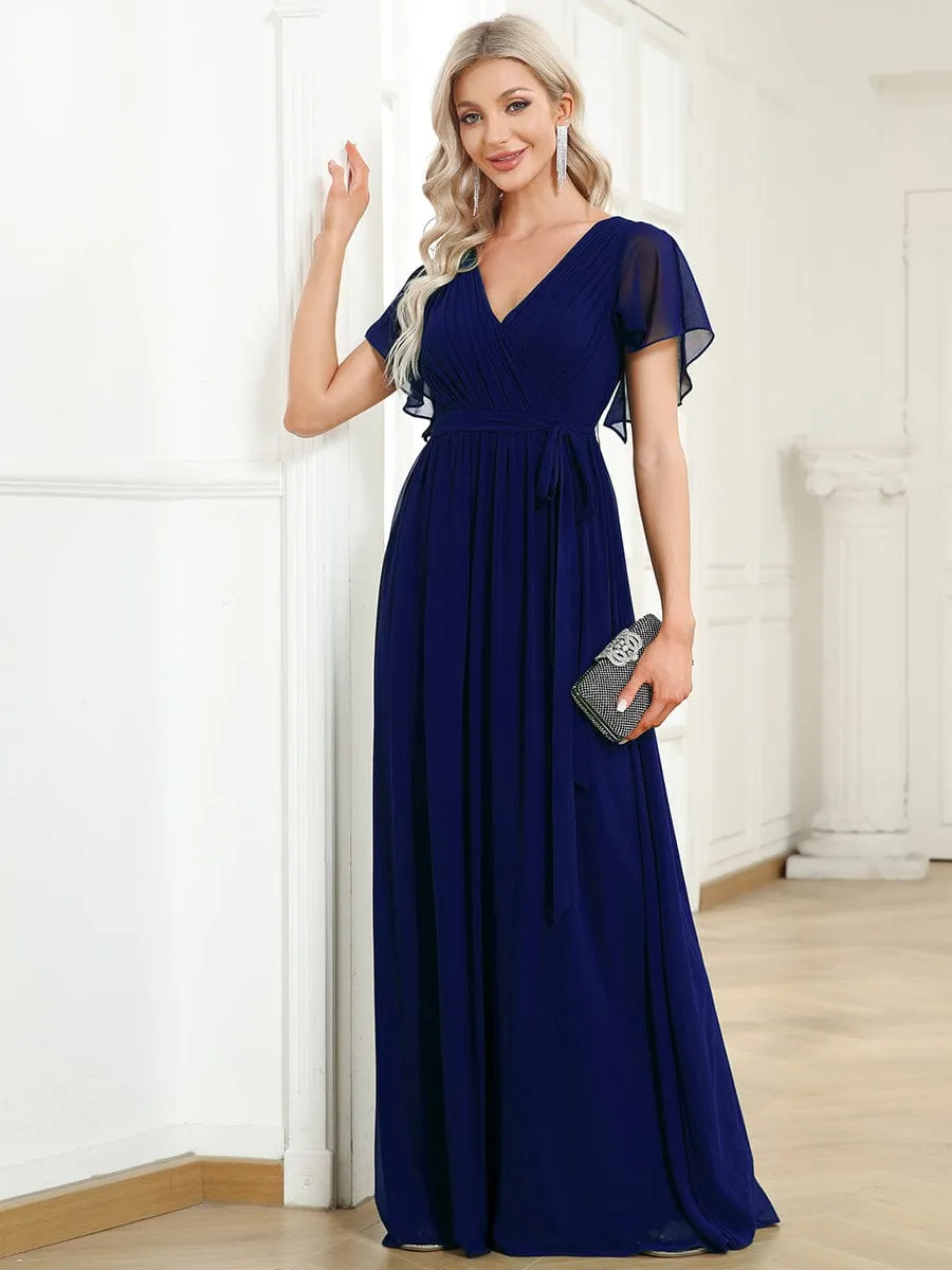 Custom Size V-Neck Flutter Sleeve Floor-Length A-Line Chiffon Evening Dress