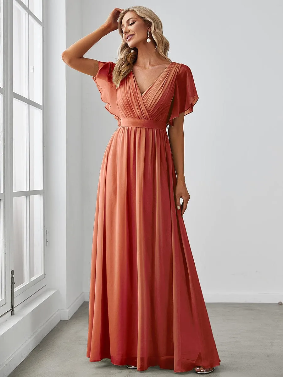 Custom Size V-Neck Flutter Sleeve Floor-Length A-Line Chiffon Evening Dress