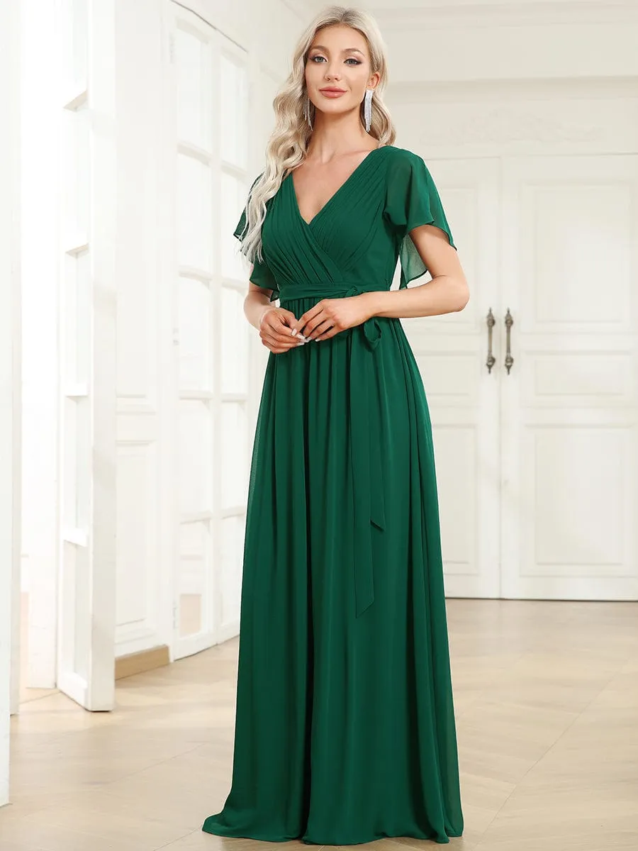 Custom Size V-Neck Flutter Sleeve Floor-Length A-Line Chiffon Evening Dress