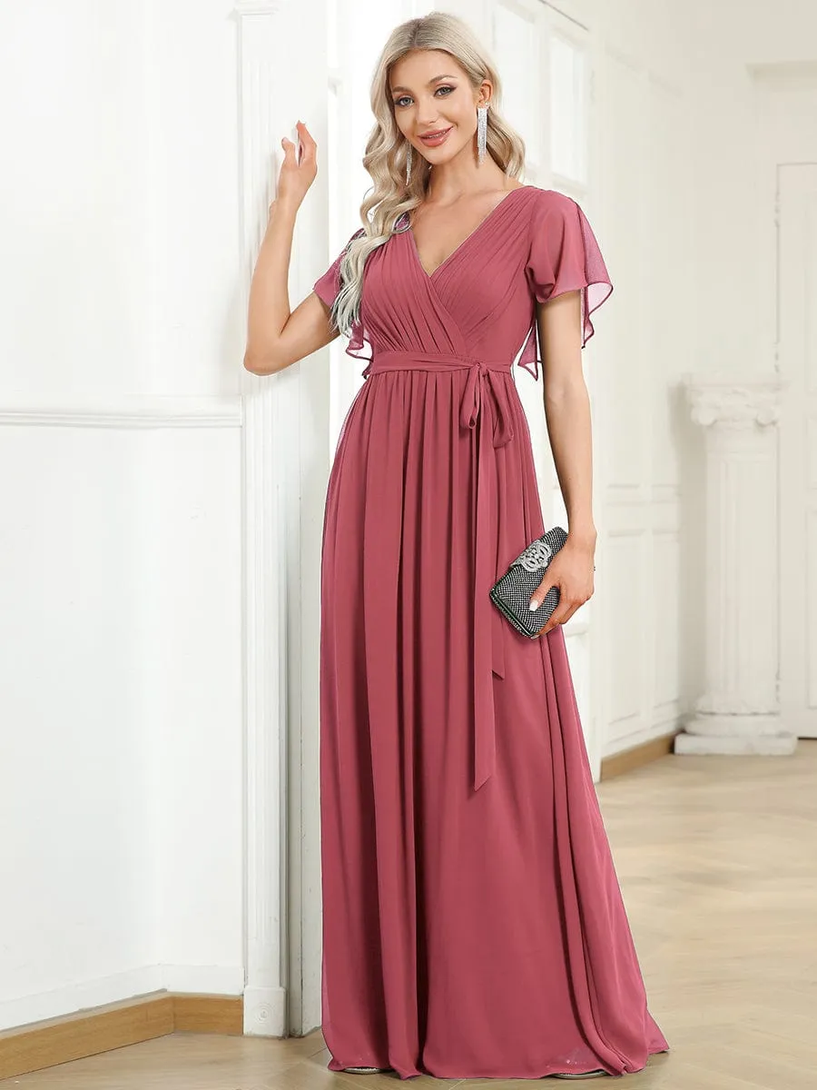Custom Size V-Neck Flutter Sleeve Floor-Length A-Line Chiffon Evening Dress