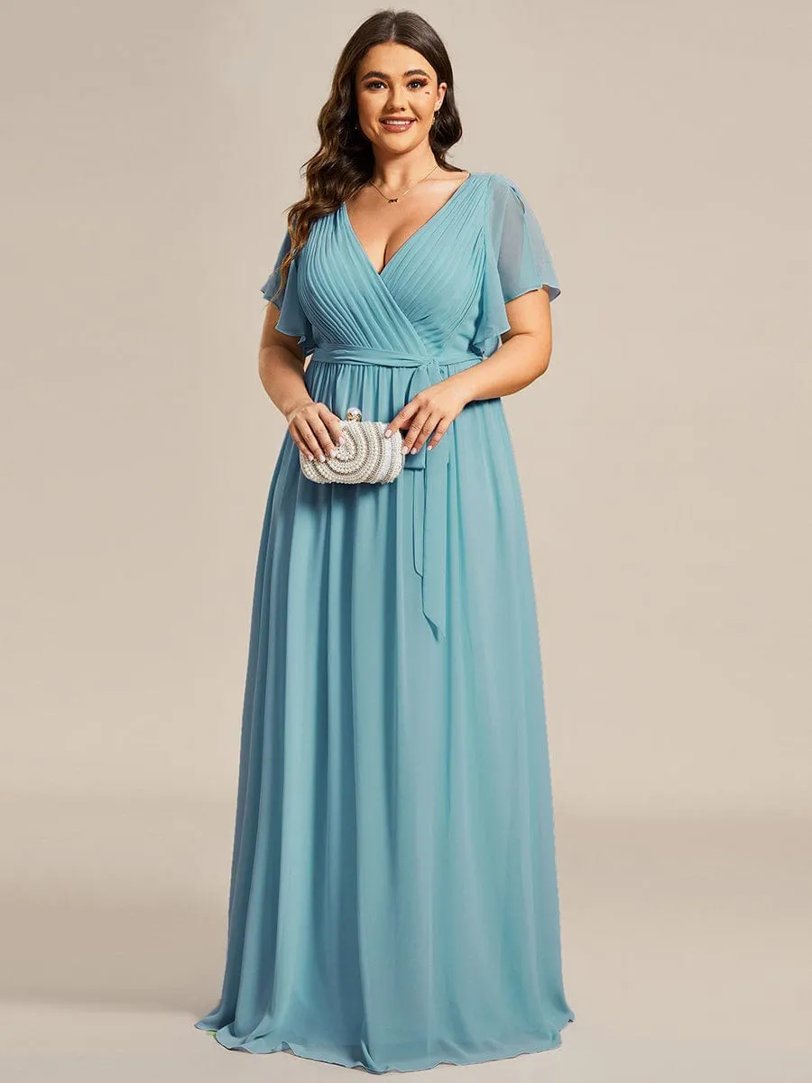 Custom Size V-Neck Flutter Sleeve Floor-Length A-Line Chiffon Evening Dress