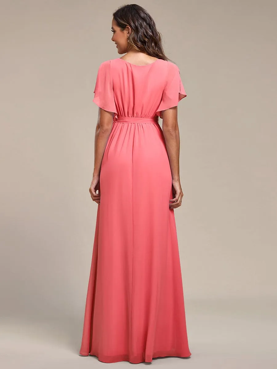 Custom Size V-Neck Flutter Sleeve Floor-Length A-Line Chiffon Evening Dress