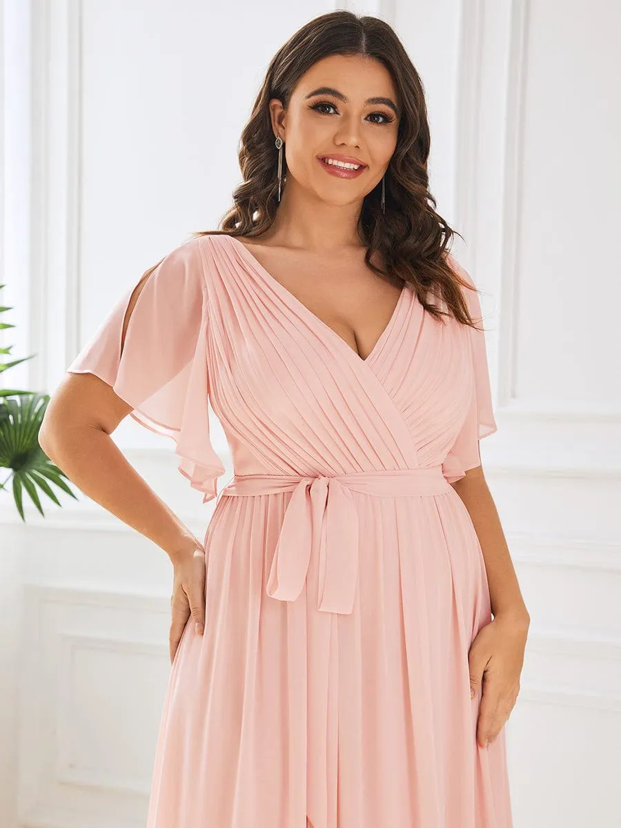 Custom Size V-Neck Flutter Sleeve Floor-Length A-Line Chiffon Evening Dress