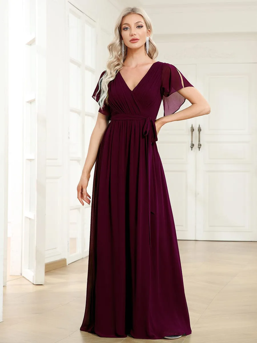 Custom Size V-Neck Flutter Sleeve Floor-Length A-Line Chiffon Evening Dress
