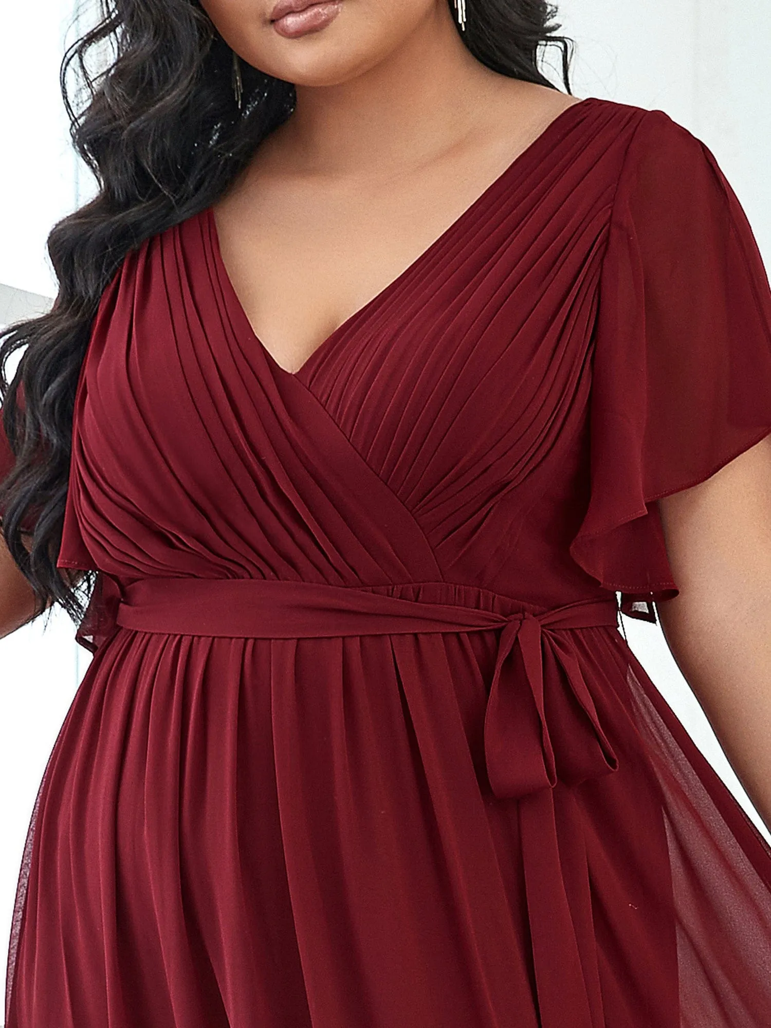 Custom Size V-Neck Flutter Sleeve Floor-Length A-Line Chiffon Evening Dress