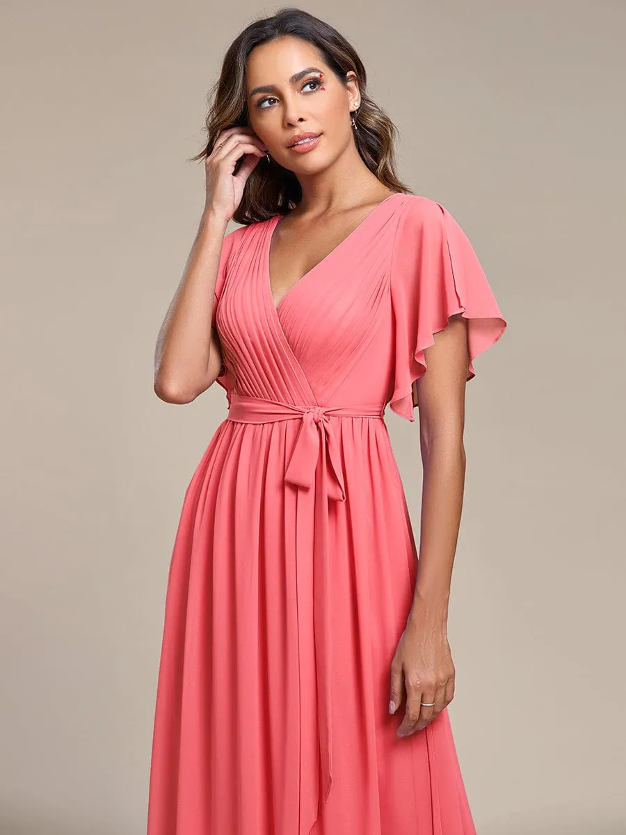 Custom Size V-Neck Flutter Sleeve Floor-Length A-Line Chiffon Evening Dress