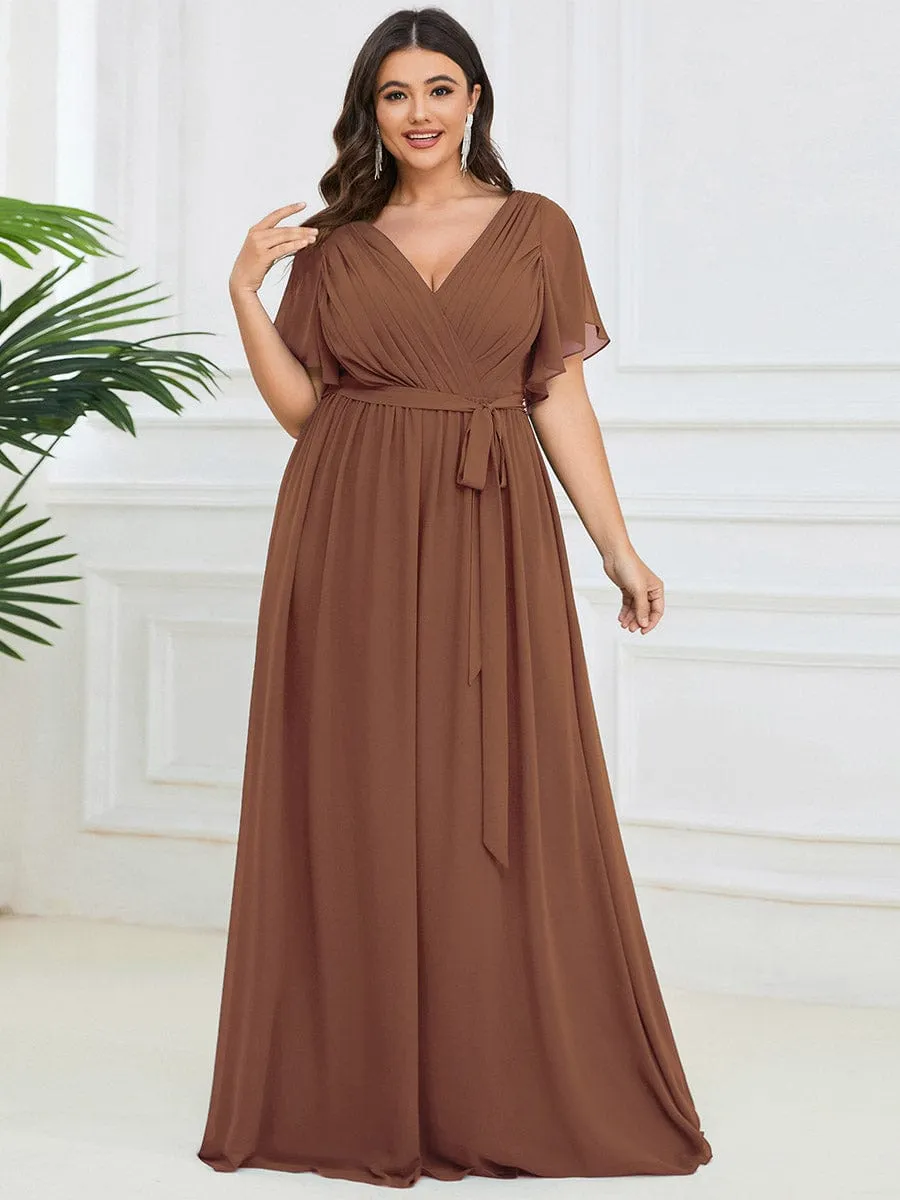 Custom Size V-Neck Flutter Sleeve Floor-Length A-Line Chiffon Evening Dress