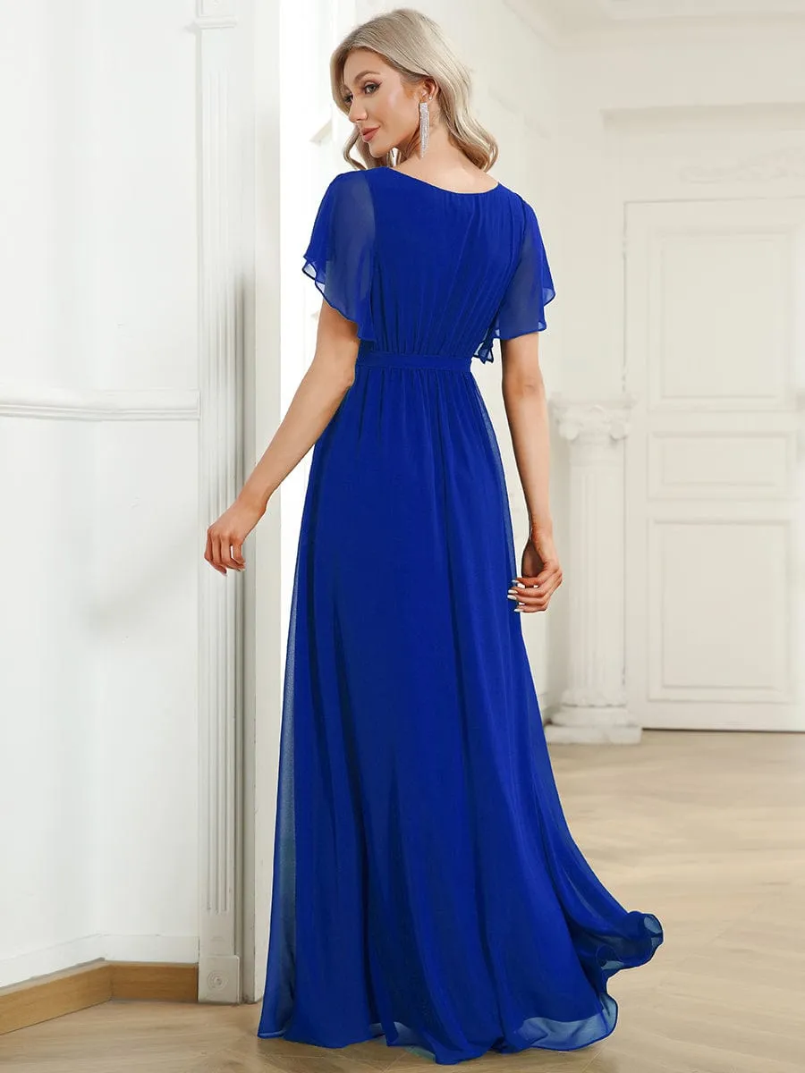 Custom Size V-Neck Flutter Sleeve Floor-Length A-Line Chiffon Evening Dress