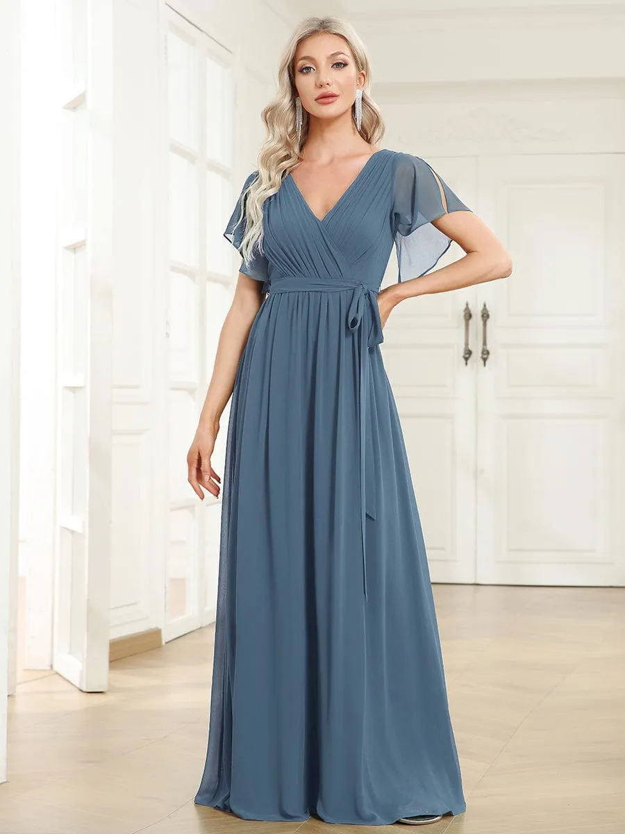 Custom Size V-Neck Flutter Sleeve Floor-Length A-Line Chiffon Evening Dress