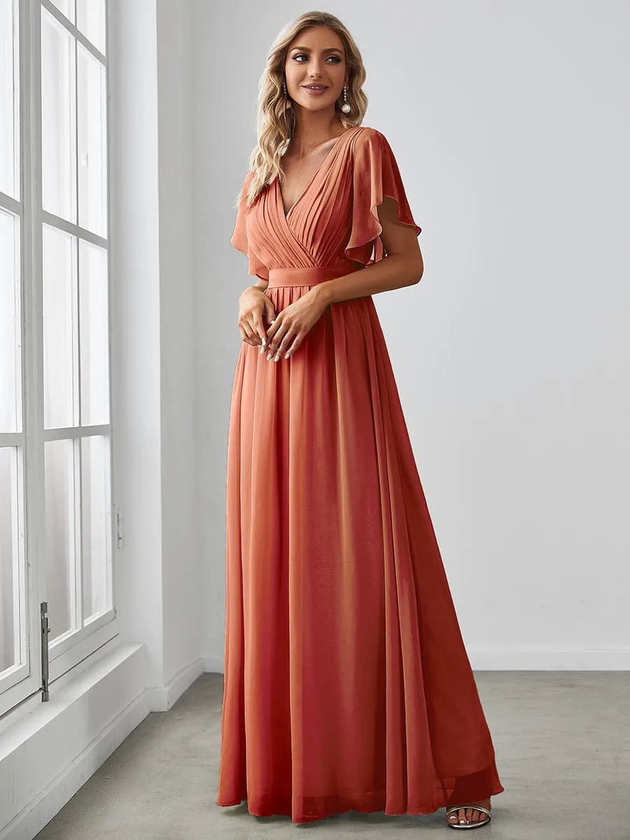 Custom Size V-Neck Flutter Sleeve Floor-Length A-Line Chiffon Evening Dress