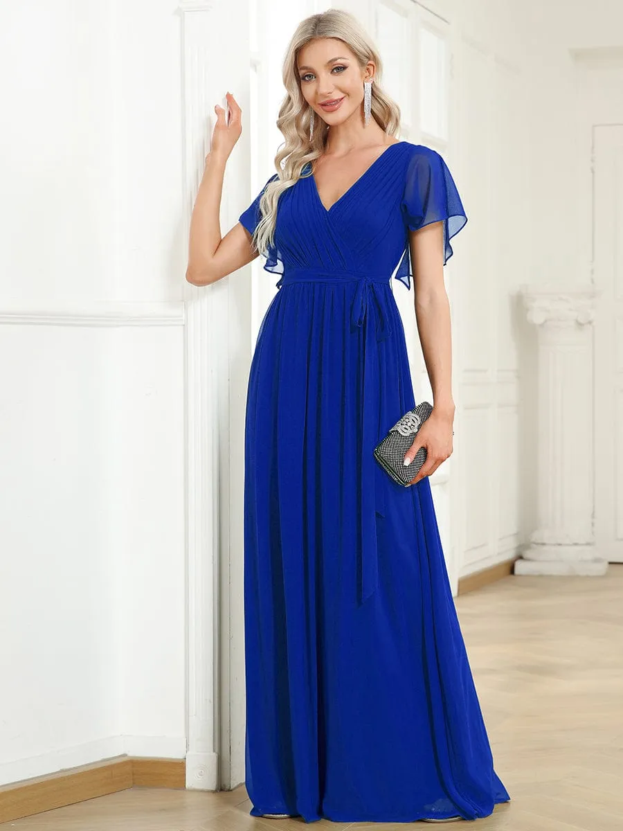 Custom Size V-Neck Flutter Sleeve Floor-Length A-Line Chiffon Evening Dress