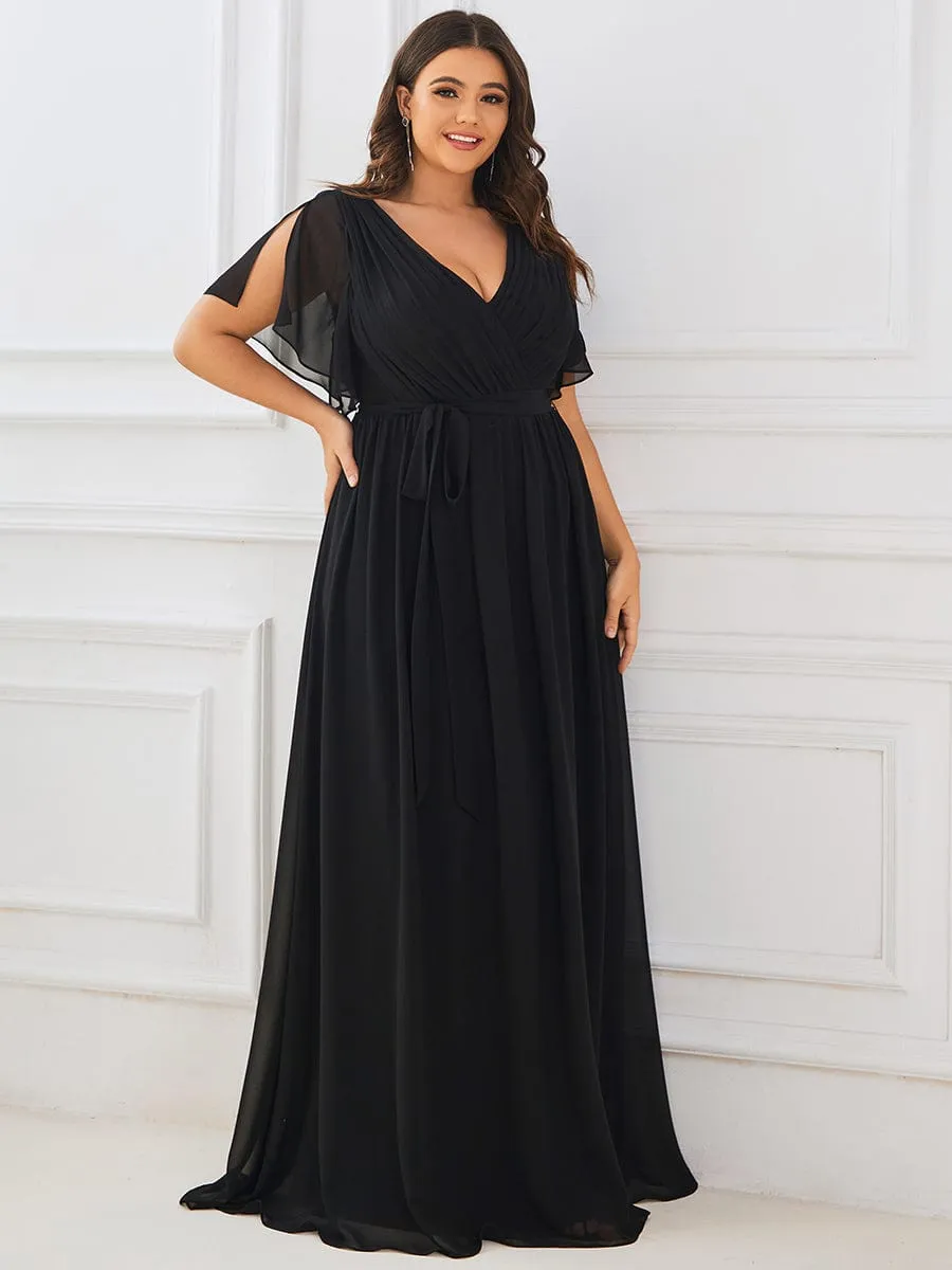 Custom Size V-Neck Flutter Sleeve Floor-Length A-Line Chiffon Evening Dress