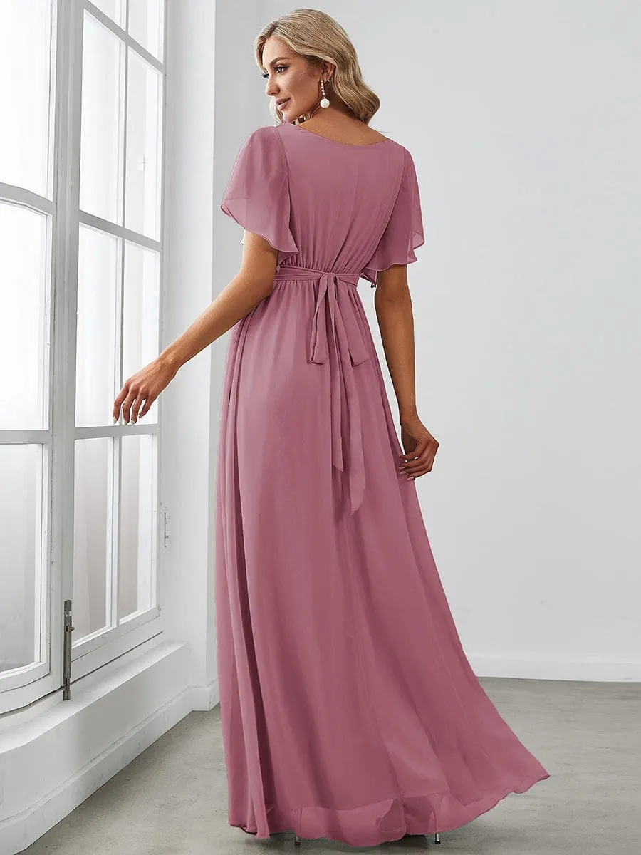 Custom Size V-Neck Flutter Sleeve Floor-Length A-Line Chiffon Evening Dress