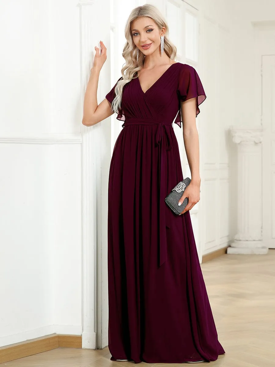 Custom Size V-Neck Flutter Sleeve Floor-Length A-Line Chiffon Evening Dress