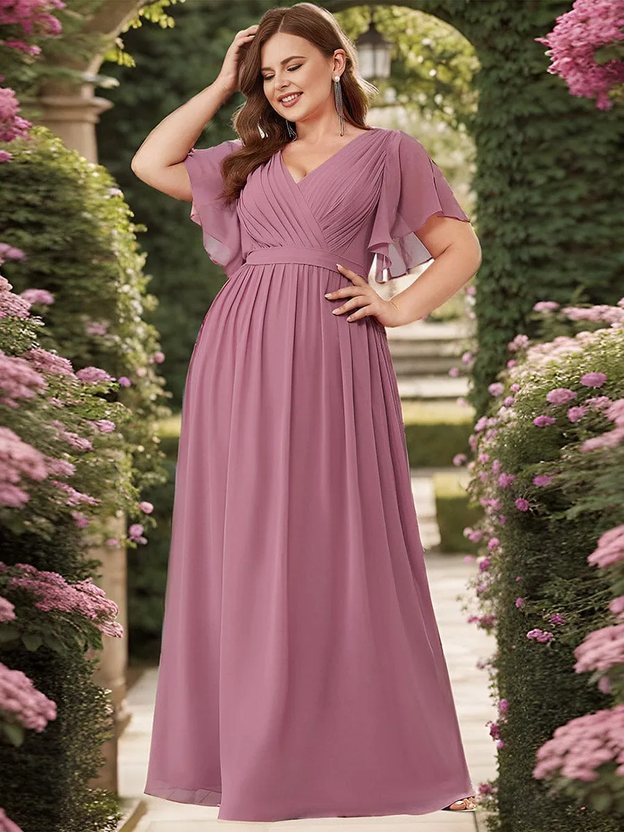 Custom Size V-Neck Flutter Sleeve Floor-Length A-Line Chiffon Evening Dress