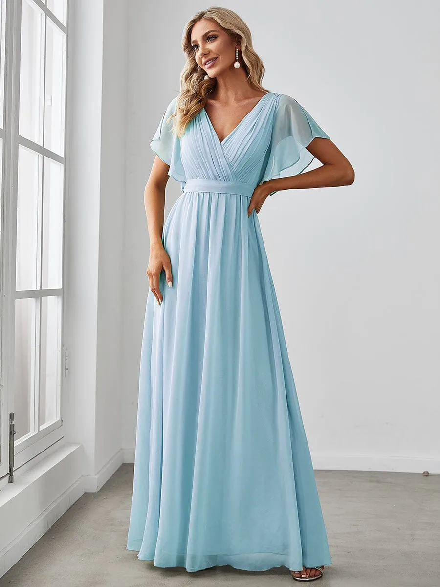 Custom Size V-Neck Flutter Sleeve Floor-Length A-Line Chiffon Evening Dress