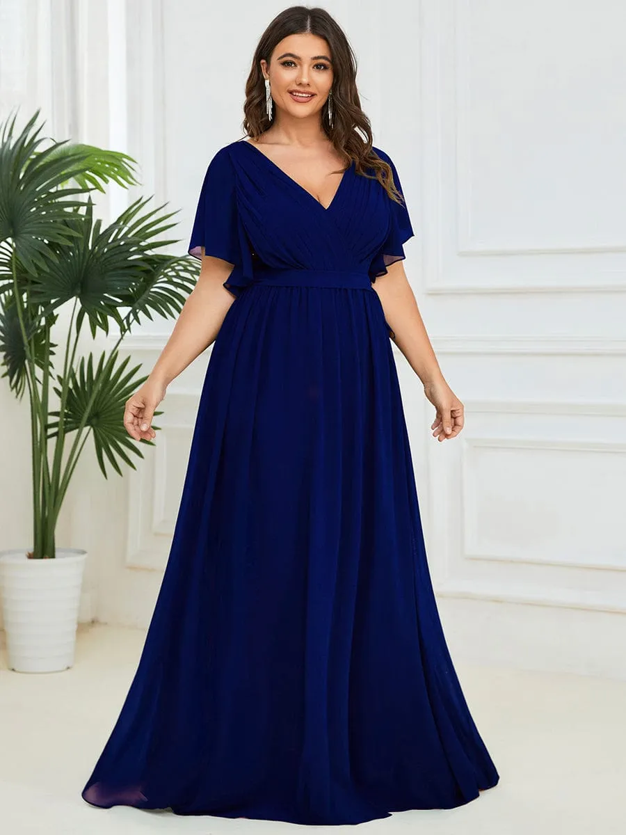 Custom Size V-Neck Flutter Sleeve Floor-Length A-Line Chiffon Evening Dress