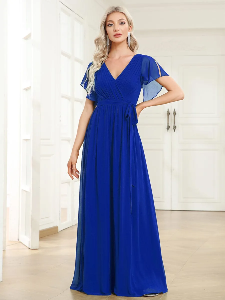 Custom Size V-Neck Flutter Sleeve Floor-Length A-Line Chiffon Evening Dress