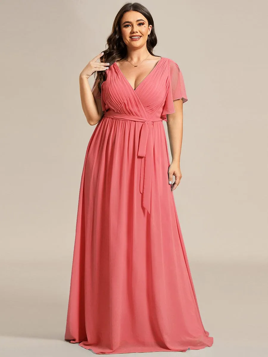 Custom Size V-Neck Flutter Sleeve Floor-Length A-Line Chiffon Evening Dress